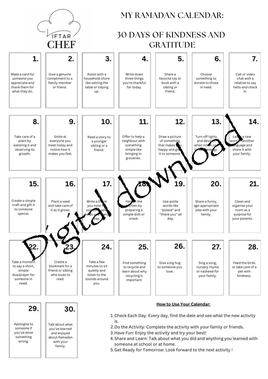 30 Days of Kindness and Gratitude Digital Download Calendar