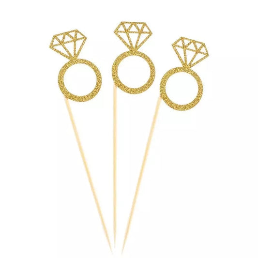 10 pc - Gold Glitter Diamond Ring Cupcake Toppers