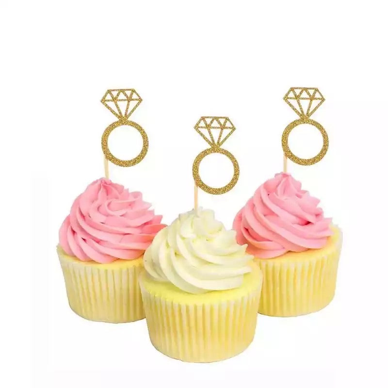 10 pc - Gold Glitter Diamond Ring Cupcake Toppers