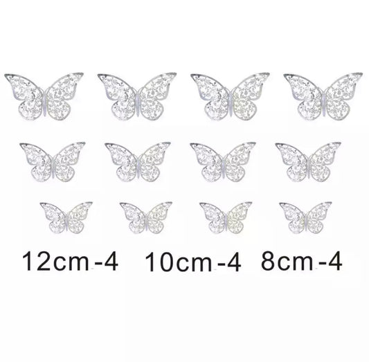 12pcs 3D Silver Laser Cut Butterfly Cake/Cupcake Toppers